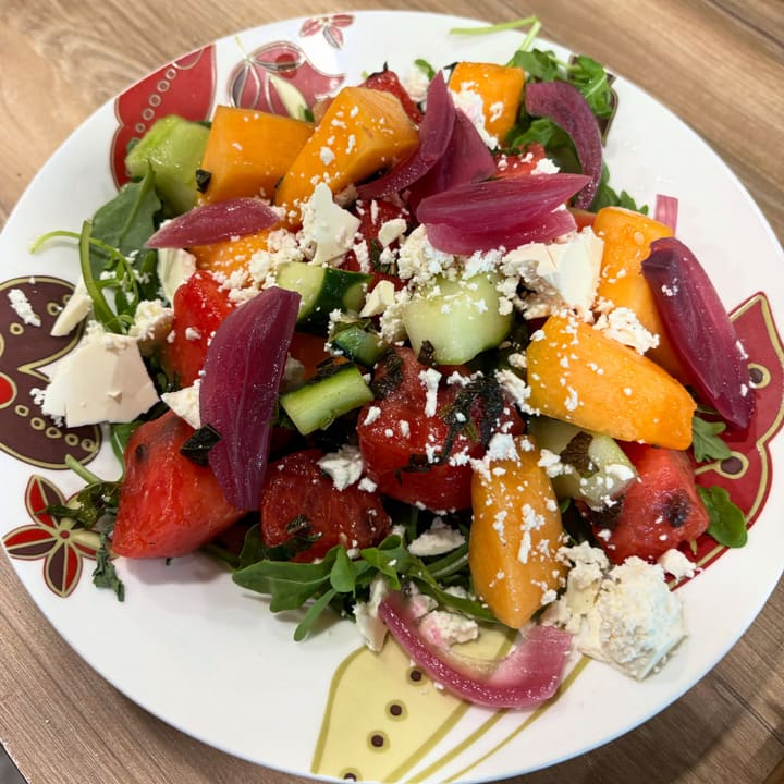 for anyone wanting a nice, light brunch item we have a beautiful melon & cucumber salad with chaebanicecream feta cheese 🥰 #sundaybrunch #local